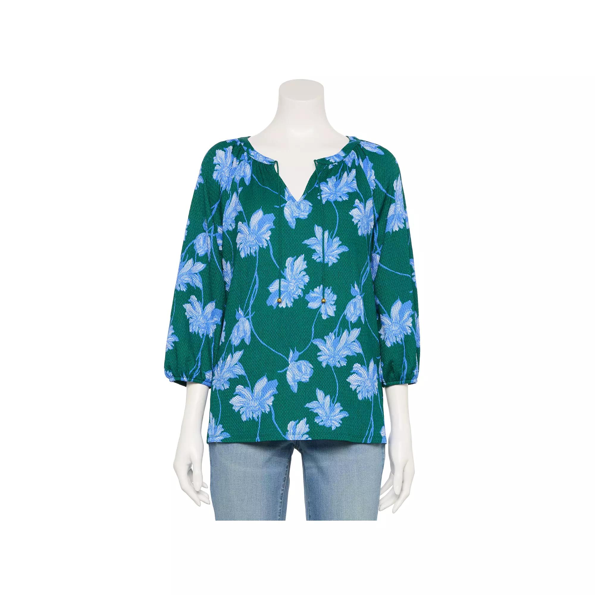 Petite Croft & Barrow® Three-Quarter Balloon Sleeve Peasant Top, Women's, Size: Large Petite, Green Linework Floral Product Image