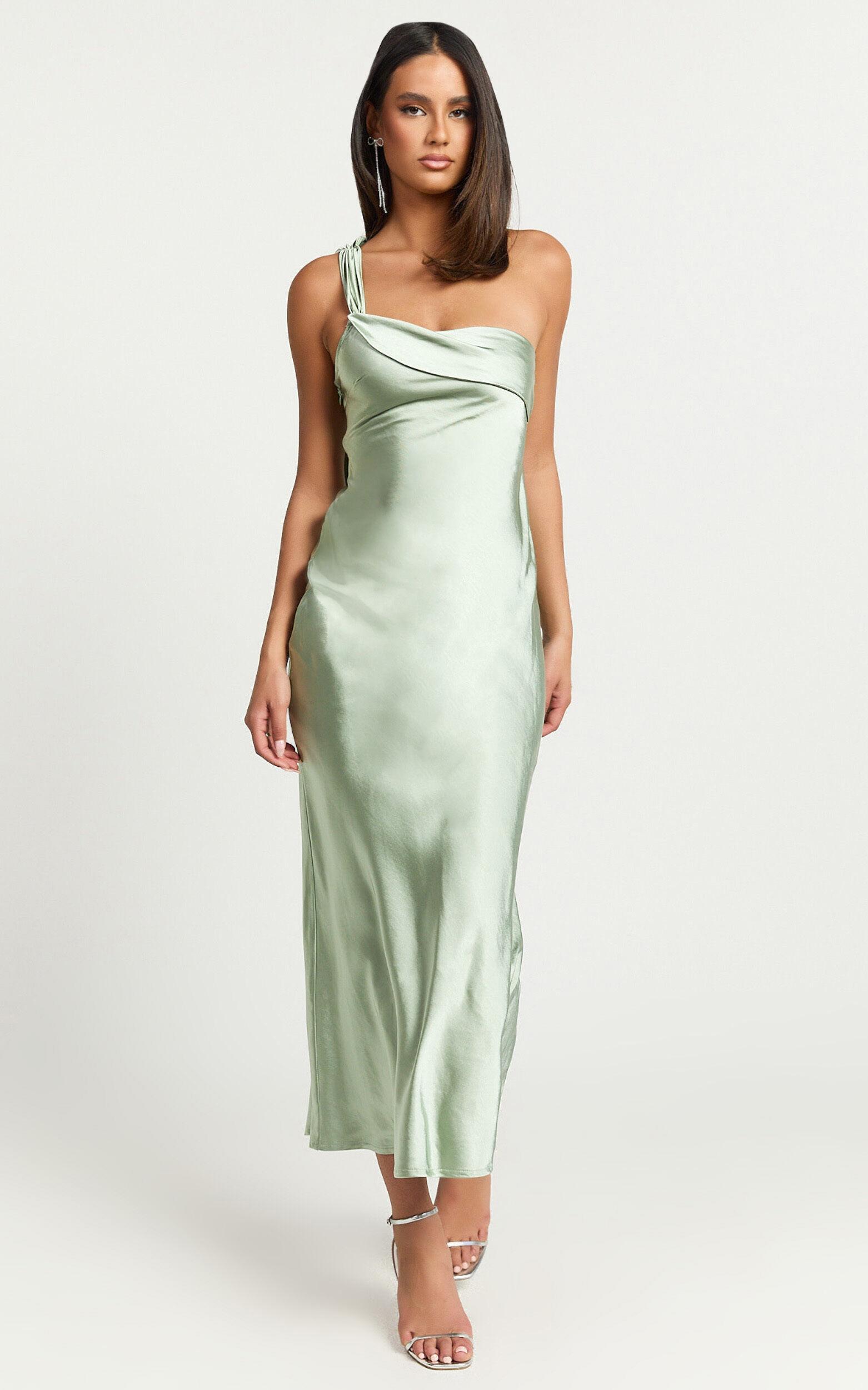 Calix Midi Dress - One shoulder Slip dress in Sage Product Image