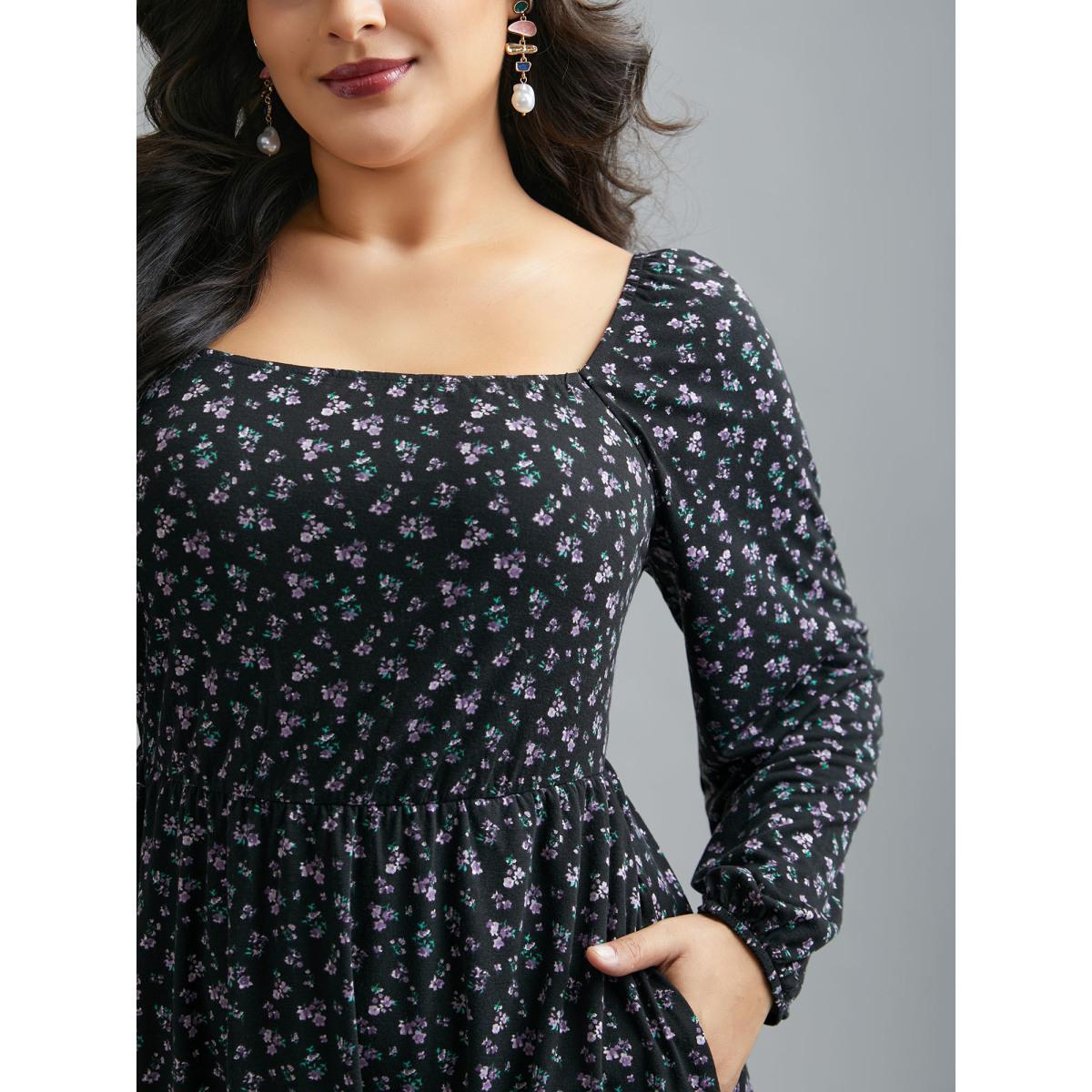 Plus Size Square Neck Ditsy Floral Elastic Waist Dress BlackFlower Women Elegant Non Knit Dresses Bloomchic 14-16/1X Product Image
