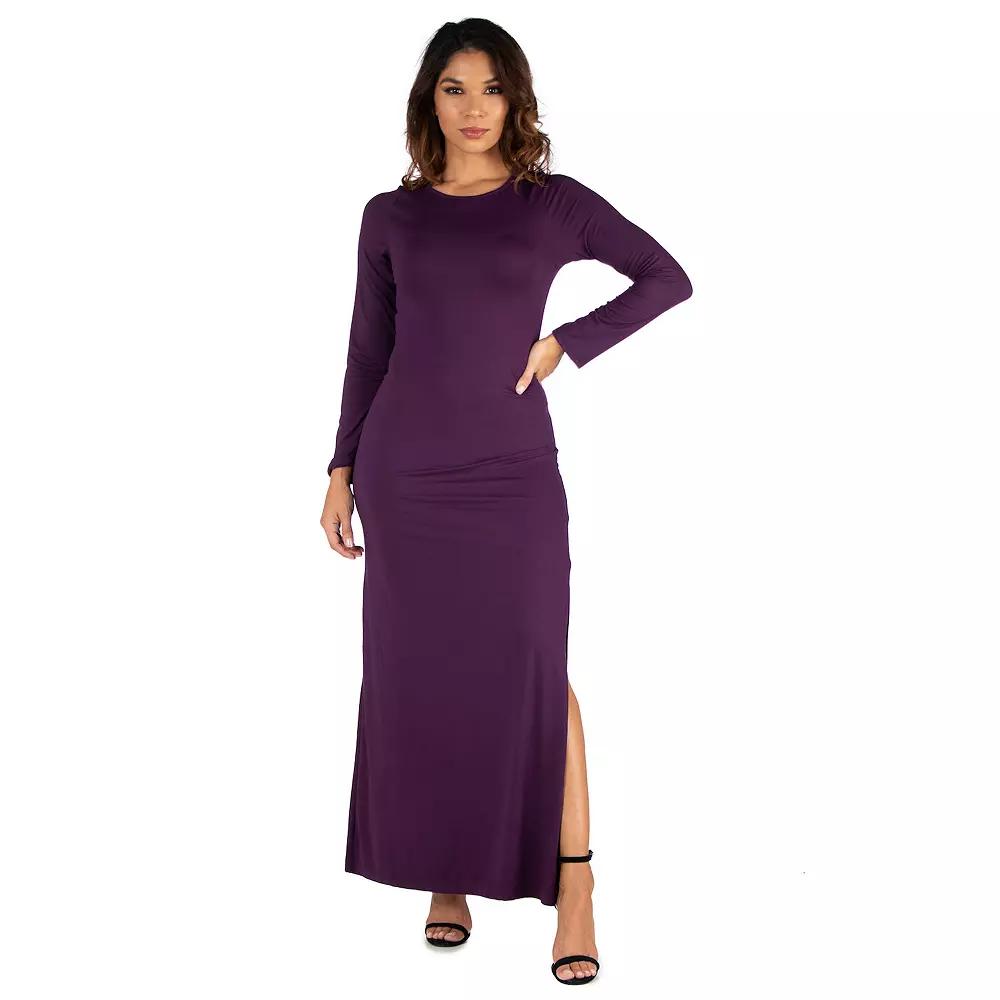 Women's 24seven Comfort Apparel Long Sleeve Side Slit Fitted Maxi Dress,  Product Image