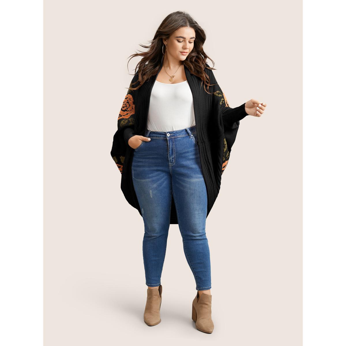 Plus Size Floral Jacquard Batwing Sleeve Open Front Cardigan Black Women Elegant Long Sleeve Everyday Cardigans BloomChic 28/5X Product Image