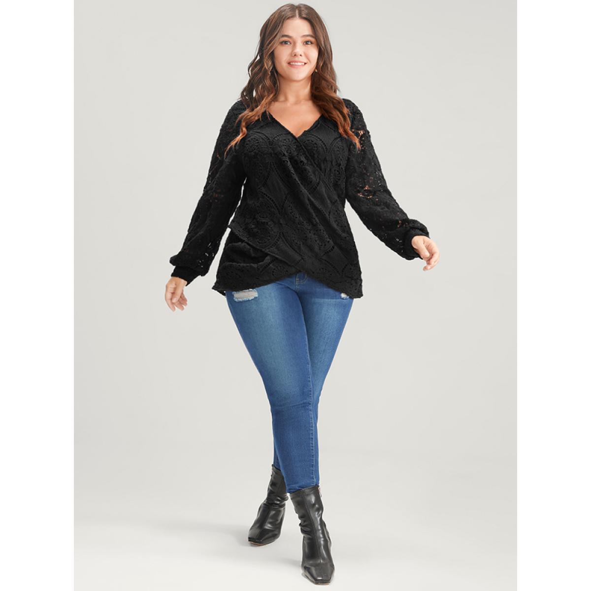 Plus Size Black Solid Crossover Hem Lace Blouse Women Glamour Long Sleeve V-neck Going out Blouses BloomChic 14-16/1X Product Image