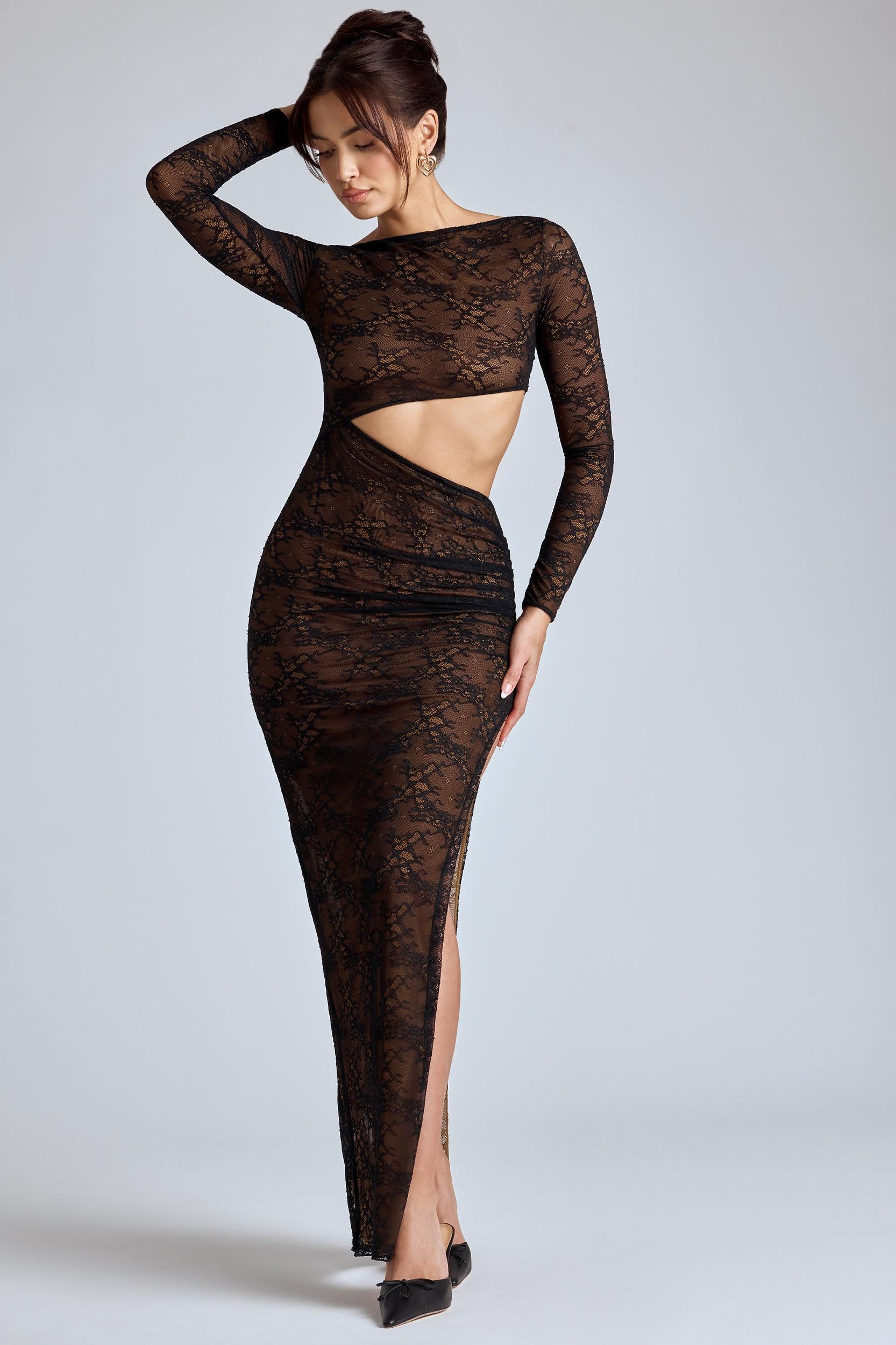 Lace Long Sleeve Maxi Dress in Black Product Image