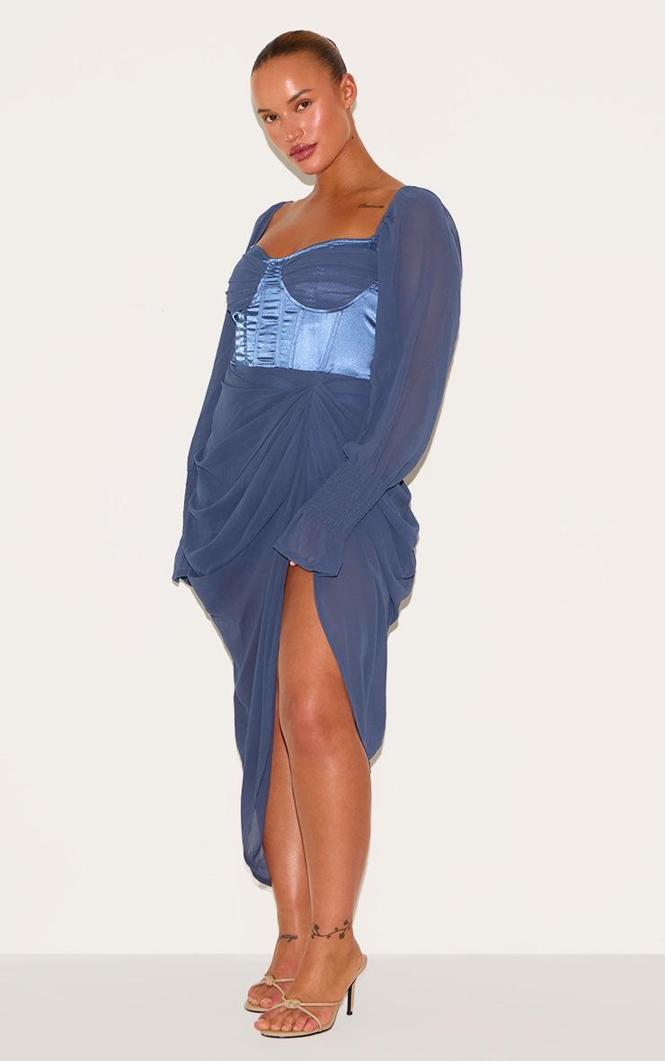 Plus Mineral Blue Satin Insert Draped Chiffon Midi Dress Product Image