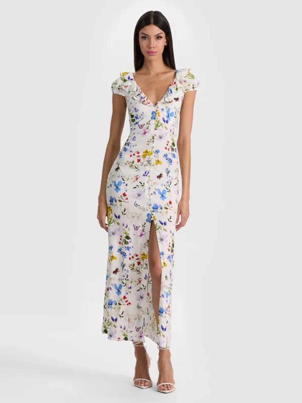 ALICE AND OLIVIA Tara Short Sleeve Ruffle A Line Dress In White Product Image