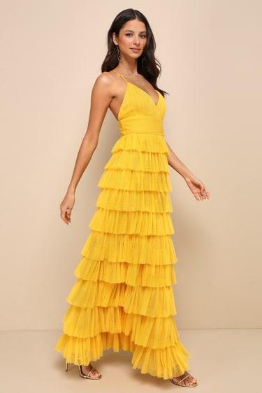 Radiant Event Yellow Mesh Tiered Ruffled Backless Maxi Dress Product Image