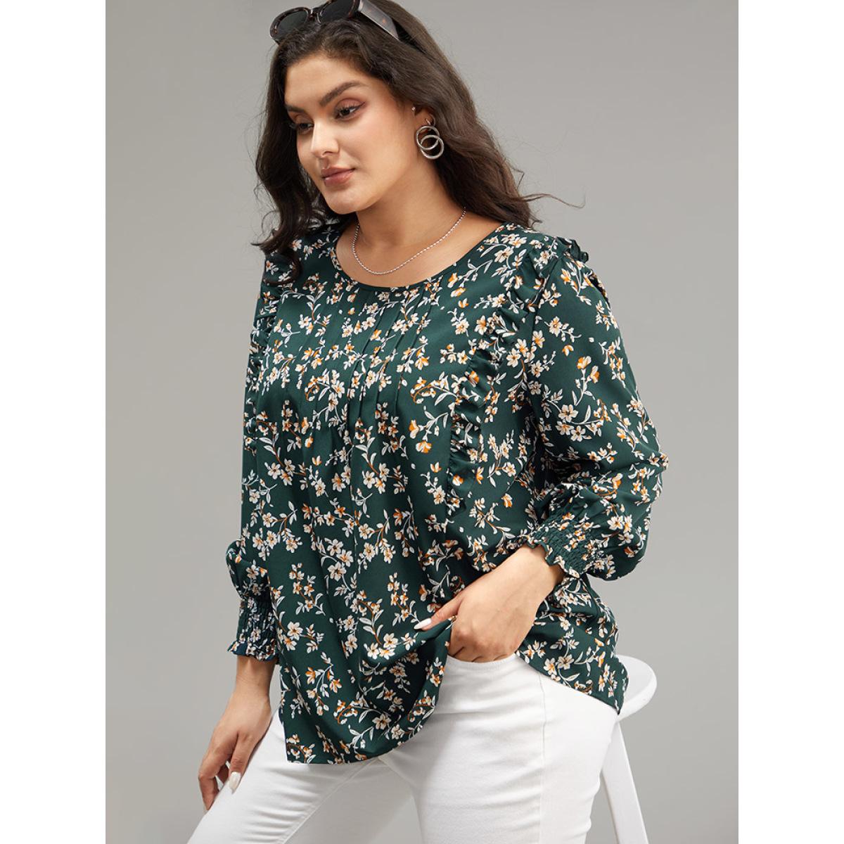 Plus Size DarkGreen Ditsy Floral Shirred Cuffs Frill Trim Blouse Women Elegant Long Sleeve Round Neck Dailywear Blouses BloomChic 26/4X Product Image