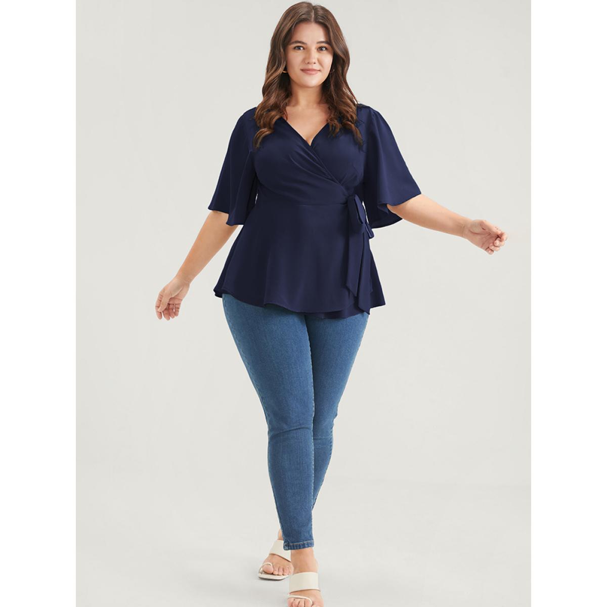 Plus Size Indigo Plain Ruffles Button Belted Wrap Babydoll Blouse Women Elegant Short sleeve V-neck Dailywear Blouses BloomChic 28/5X Product Image
