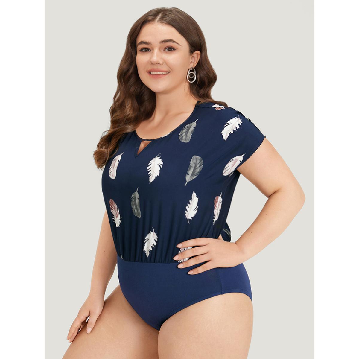 Plus Size Feather Print Keyhole Batwing Sleeve Bodysuit Women DarkBlue Feather Printed Bodysuits BloomChic 12/L Product Image