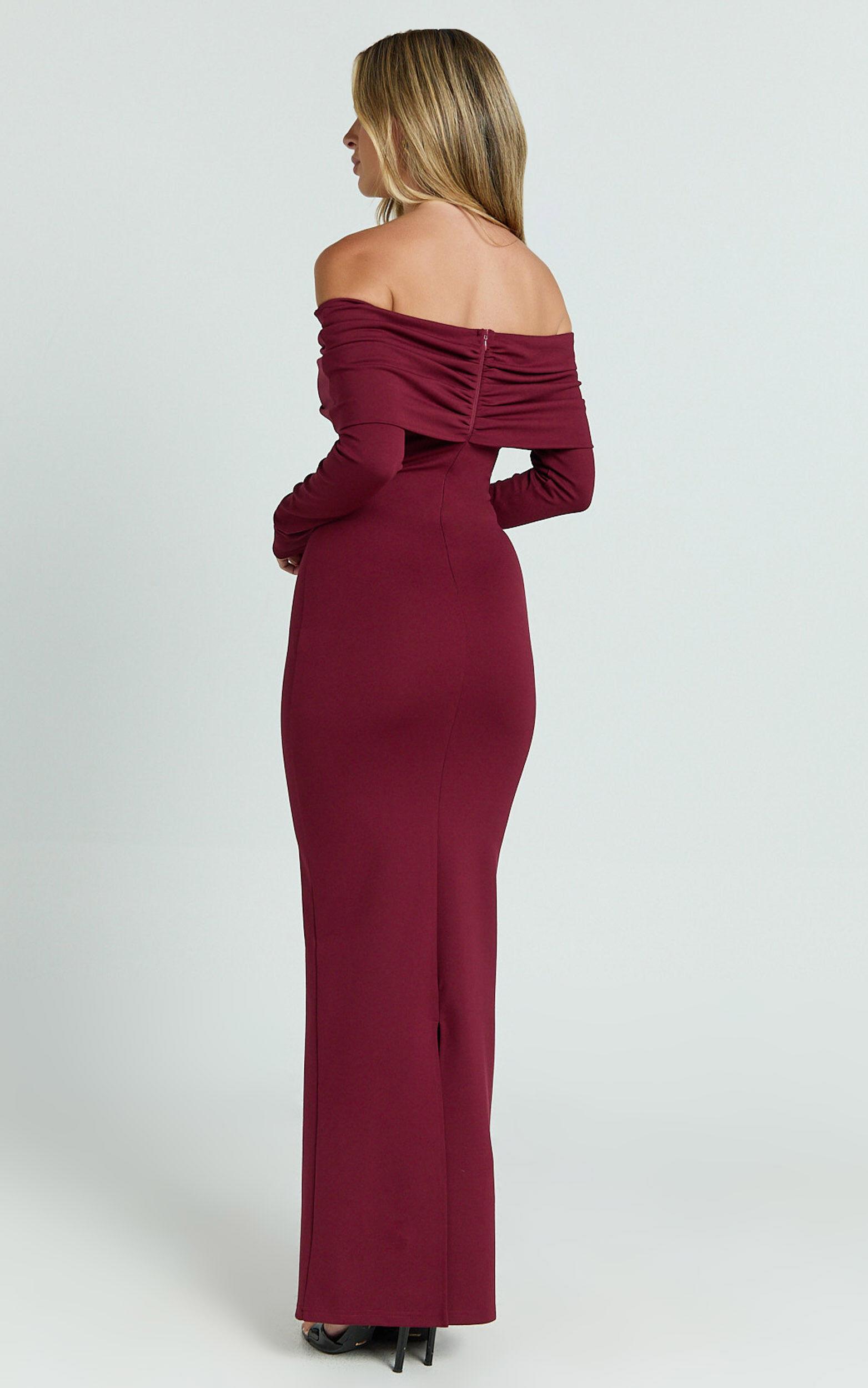 Rani Maxi Dress - Off Shoulder Long Sleeve Bodycon Dress in Wine Product Image