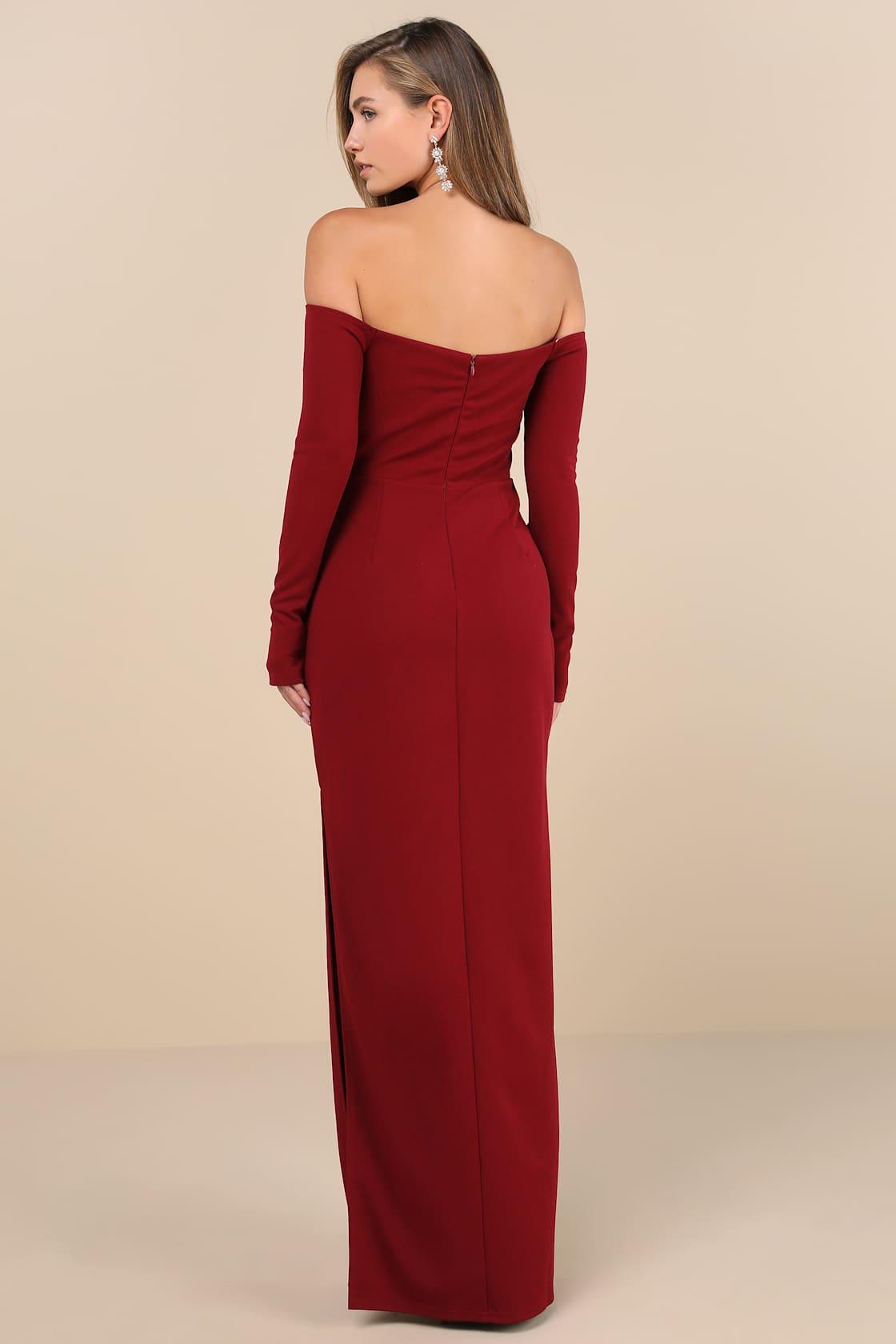 Stunning Excellence Burgundy Off-the-Shoulder Maxi Dress Product Image