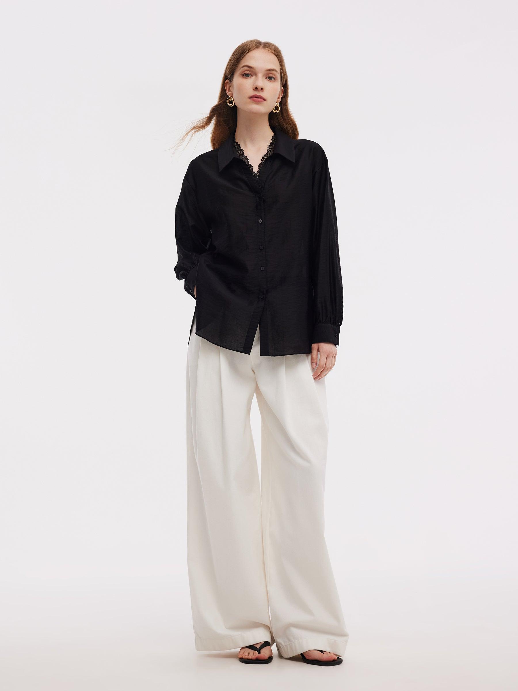 Tencel Blend Lace V-Neck Women Mock Layered Shirt Product Image