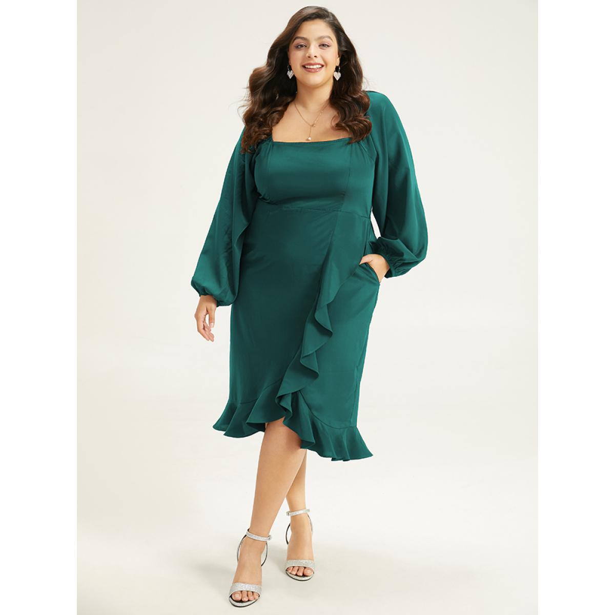 Plus Size Anti-Wrinkle Square Neck Ruffle Trim Wrap Hem Dress Teal Women Glamour Elastic cuffs Square Neck Long Sleeve Curvy Midi Dress BloomChic 18-20/2X Product Image