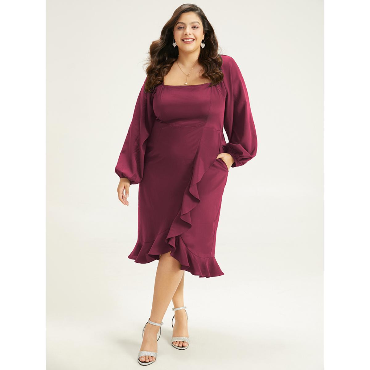 Plus Size Anti-Wrinkle Square Neck Ruffle Trim Wrap Hem Dress Burgundy Women Glamour Elastic cuffs Square Neck Long Sleeve Curvy Midi Dress BloomChic 22-24/3X Product Image
