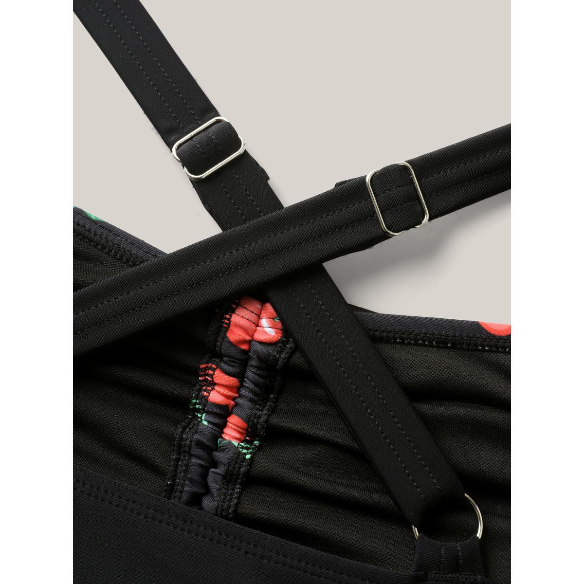 Plus Size Cherry Print Ruched Drawstring Swim Top Women's Swimwear Black Resort High stretch Skinny Heart neckline Curve Swim Tops BloomChic 18-20/2X Product Image