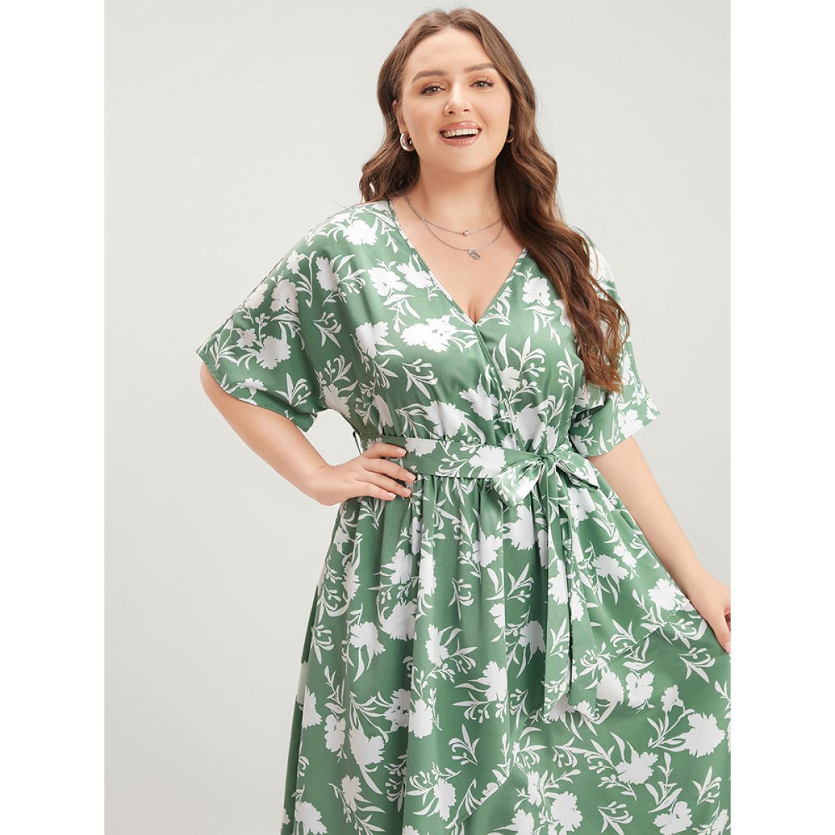 Plus Size Floral Dolman Sleeve Pocket Belted Wrap Asymmetrical Flutter Dress Mint Women Elegant Belted V-neck Half Sleeve Curvy Midi Dress BloomChic 26/4X Product Image
