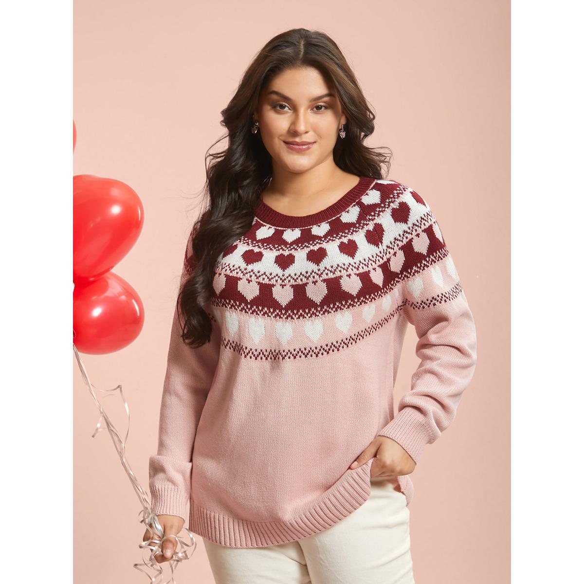 Plus Size Round Neck Heart Jacquard Ribbed Pullover Nudepink Women Leisure Loose Long Sleeve Round Neck Casual Pullovers BloomChic 30/6X Product Image