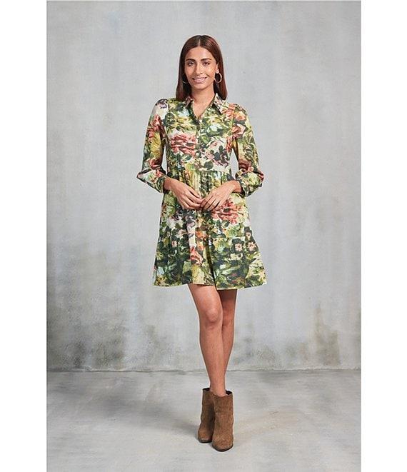Ro's Garden Romy Floral Print Point Collar Button Front Long Sleeve Tiered Above the Knee A-Line Dress Product Image
