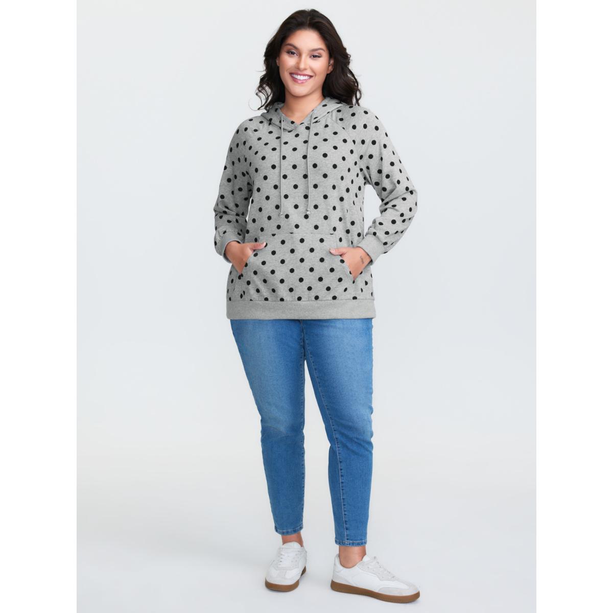 Plus Size Polka Dot Drawstring Neck Hoodie Women DarkGray Leisure Drawstring Hooded Casual Sweatshirts BloomChic 18-20/2X Product Image