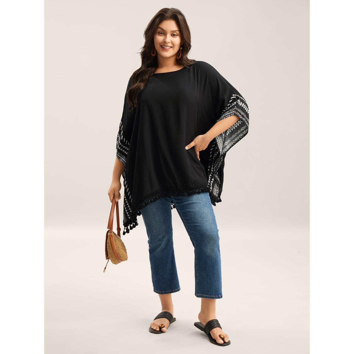 Plus Size Black Rayon Tassels Boho Print Relaxed Blouse Women Boho Elbow-length sleeve Boat Neck Vacation Blouses BloomChic 26/4X Product Image