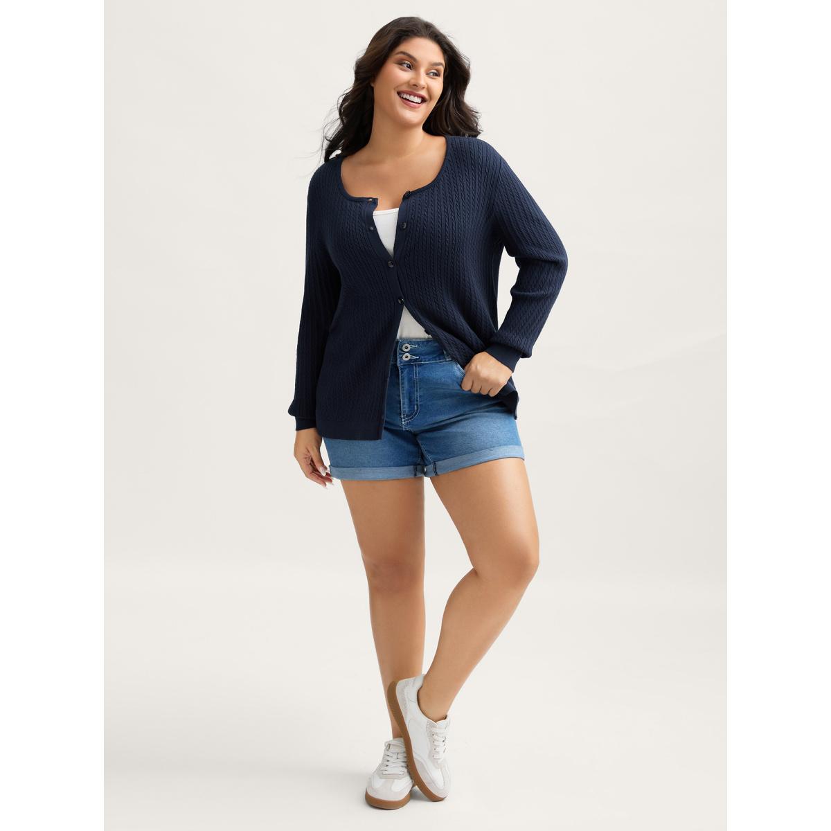 Plus Size Supersoft Cable Knit Button Solid Cardigan Midnight Women Leisure Loose Long Sleeve Casual Cardigans BloomChic 26/4X Product Image