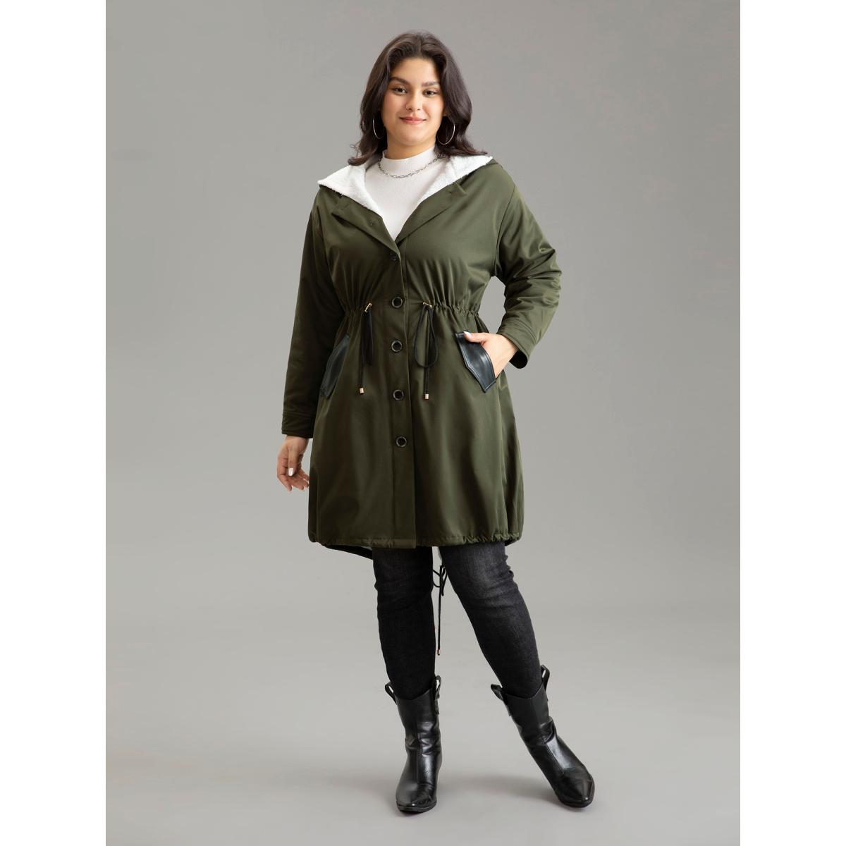 Plus Size Patchwork Fuzzy PU Leather Drawstring Coat Women ArmyGreen Casual Contrast Ladies Dailywear Winter Coats BloomChic 22-24/3X Product Image