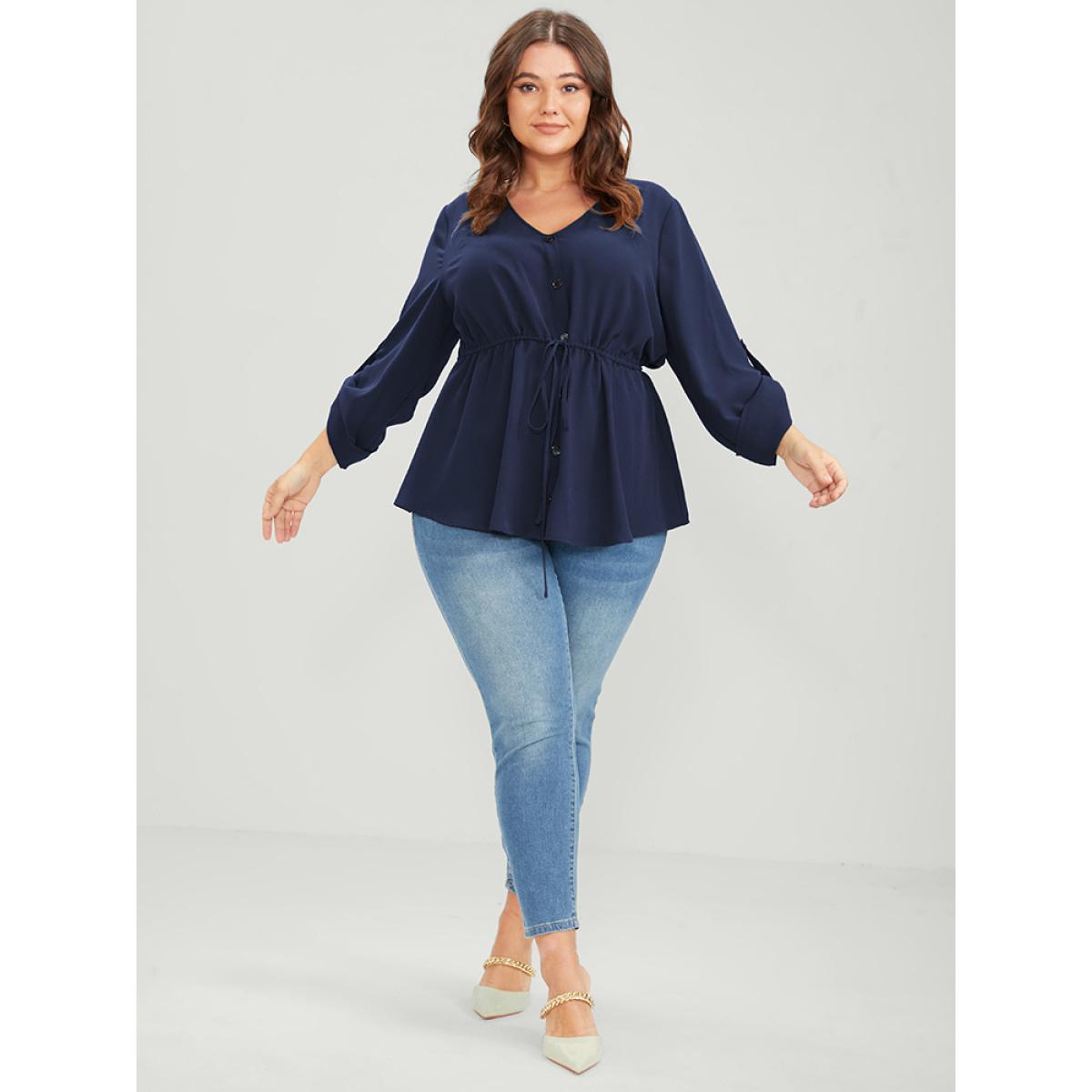 Plus Size Navy Solid Roll Sleeve Button Down Drawstring Blouse Women Office Long Sleeve V-neck Office Blouses BloomChic 10/M Product Image