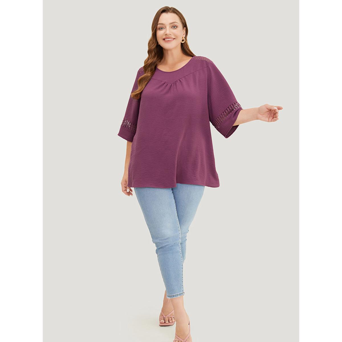 Plus Size Mauve Solid Gathered Lace Patchwork Blouse Women Elegant Elbow-length sleeve Round Neck Dailywear Blouses BloomChic 28/5X Product Image