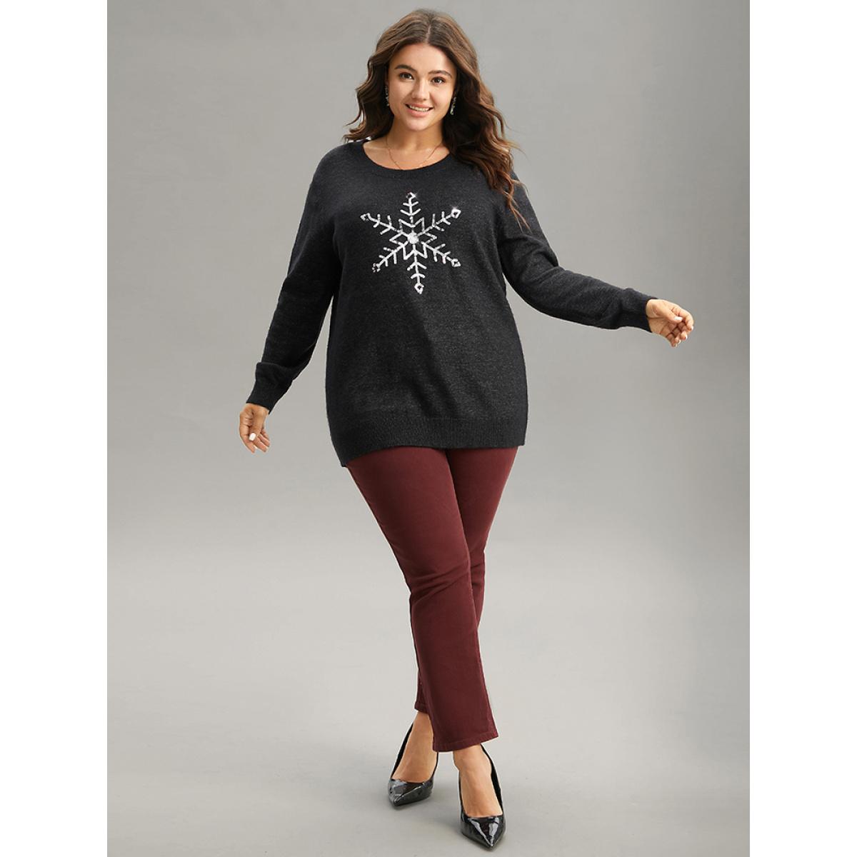 Plus Size Anti-Pilling Sequin Snowflake Round Neck Pullover Black Women Casual Loose Long Sleeve Round Neck Festival-Christmas Pullovers BloomChic 28/5X Product Image