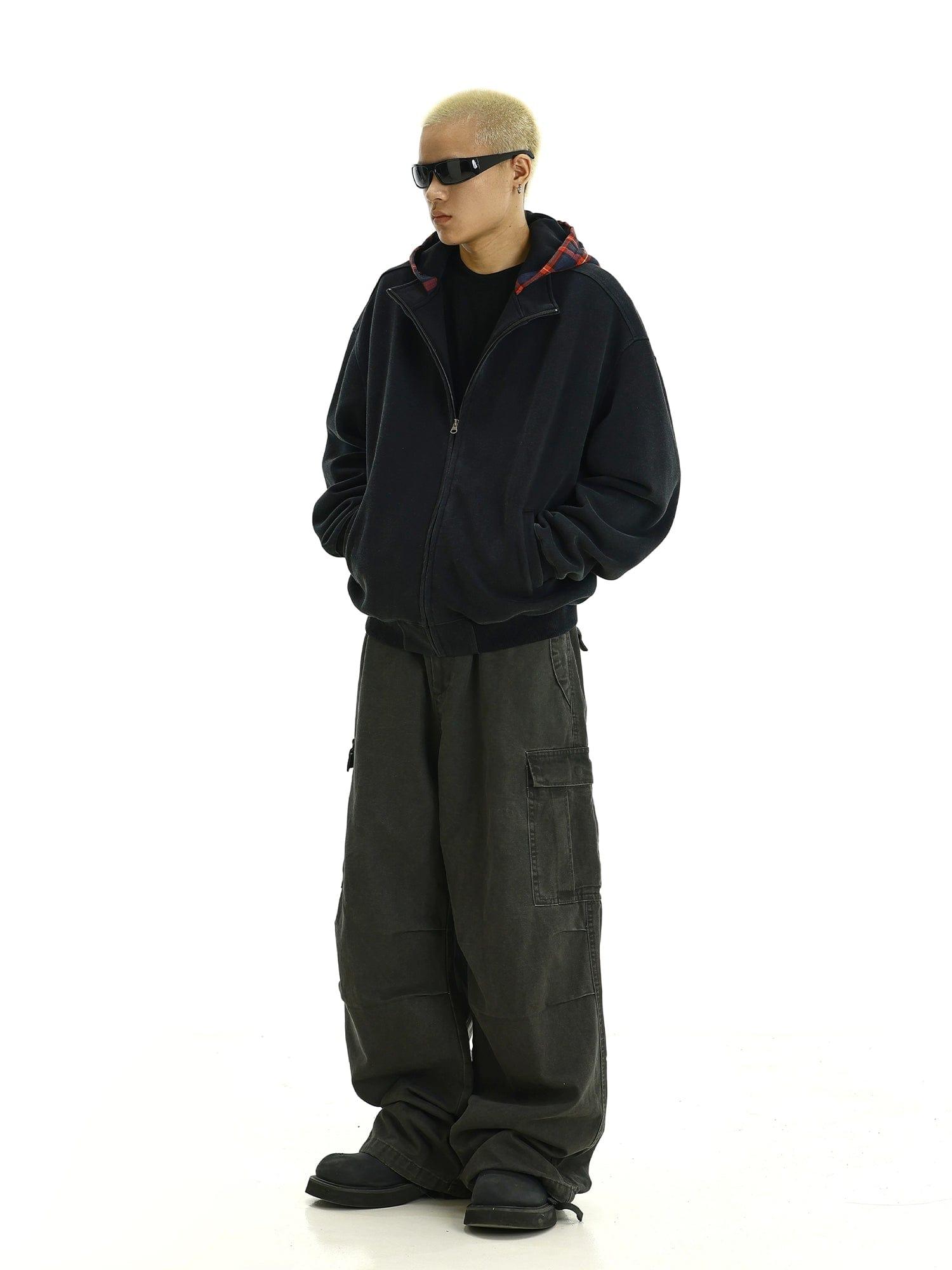 RT No. 11617 BLACK PLAID HOOD ZIP-UP HOODIE Product Image