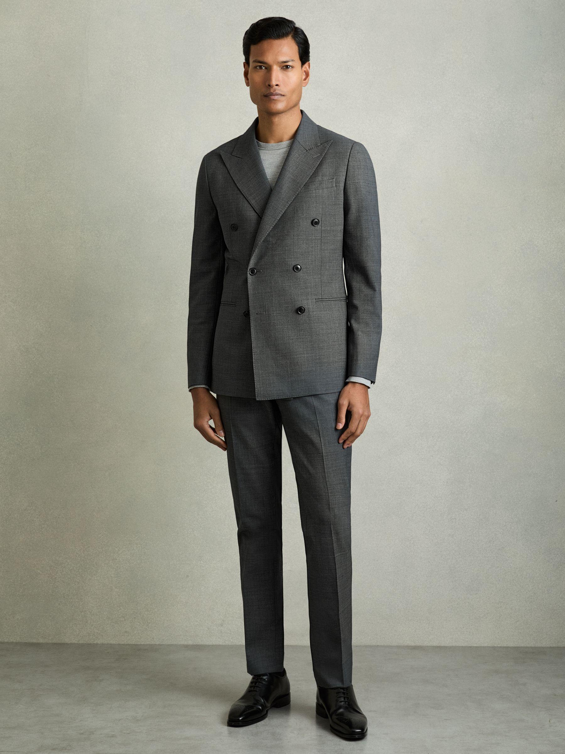 Regular-Fit Double-Breasted Sharkskin Wool-Blend Suit Blazer in Charcoal Grey Product Image