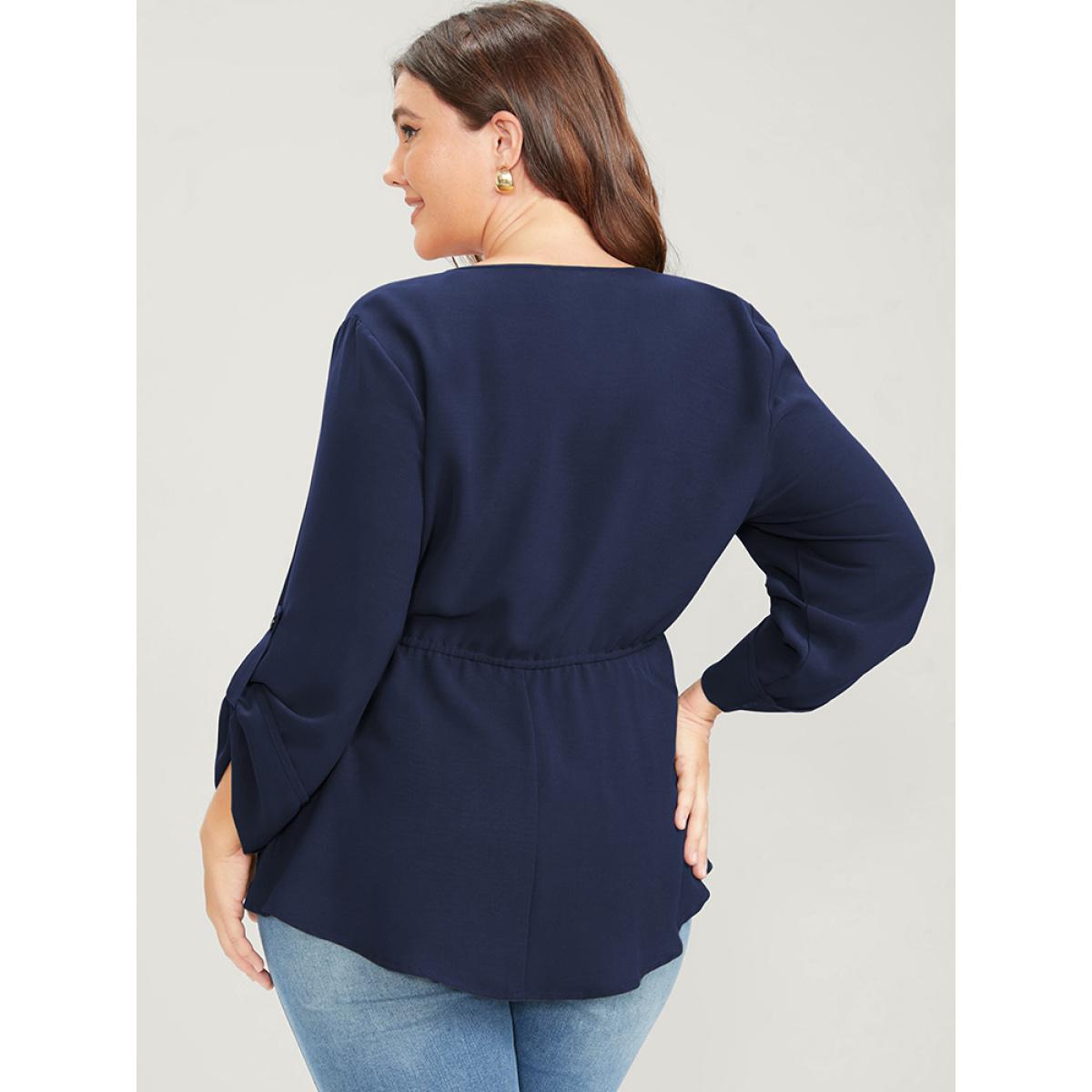 Plus Size Navy Solid Roll Sleeve Button Down Drawstring Blouse Women Office Long Sleeve V-neck Office Blouses BloomChic 10/M Product Image