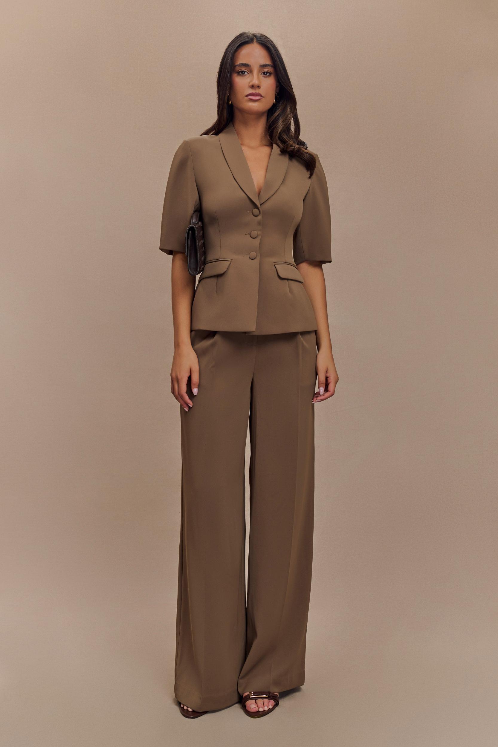 Opal Puff Sleeve Suiting Top - Cacao Brown Product Image