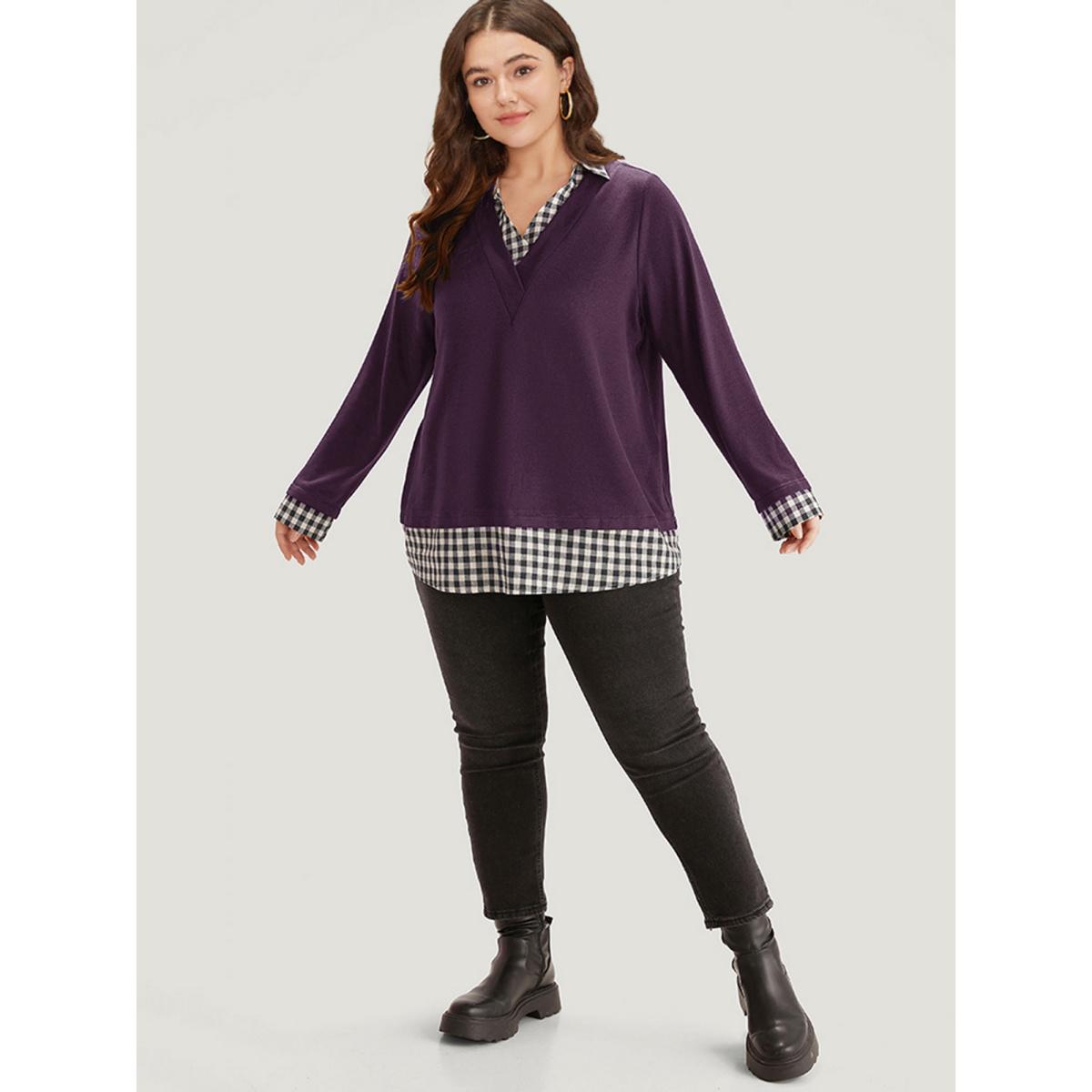 Plus Size Gingham Patchwork Shirt Collar Arc Hem Sweatshirt Women Blue Leisure Patchwork V-neck Casual Sweatshirts BloomChic 14-16/1X Product Image