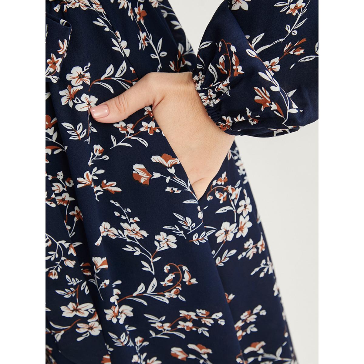 Plus Size Ditsy Floral Pocket Lantern Sleeve Belted Shirt Collar Dress Navy Women Elegant Button Shirt collar Long Sleeve Curvy Midi Dress BloomChic 26/4X Product Image