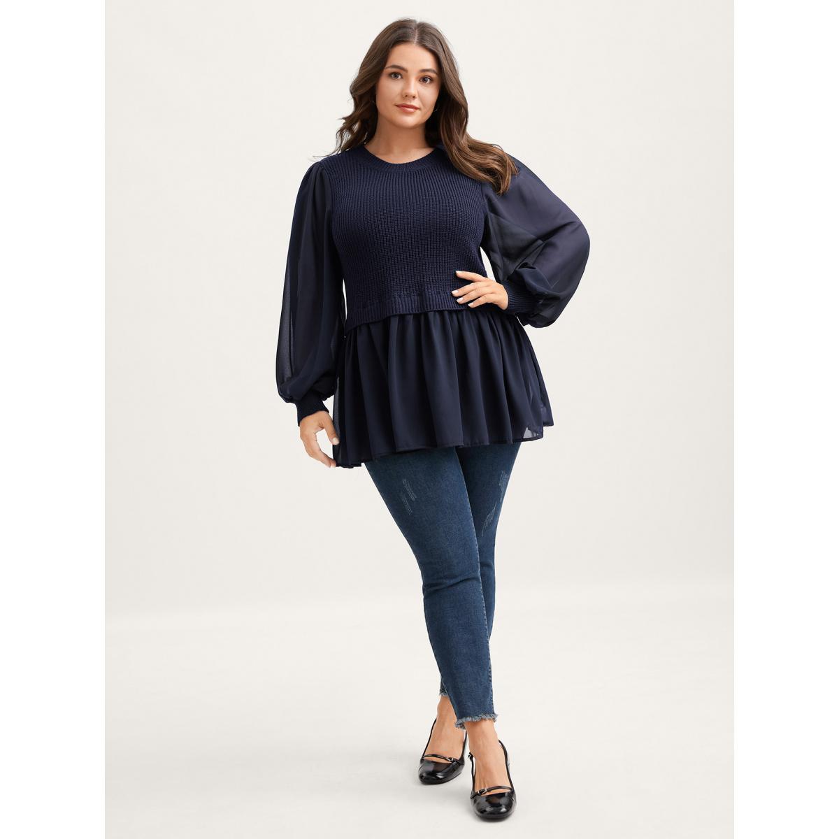 Plus Size Balloon Sleeve Solid Twofer Sweater Indigo Women Romantic Bodycon Long Sleeve Round Neck Elegant Pullovers BloomChic 30/6X Product Image