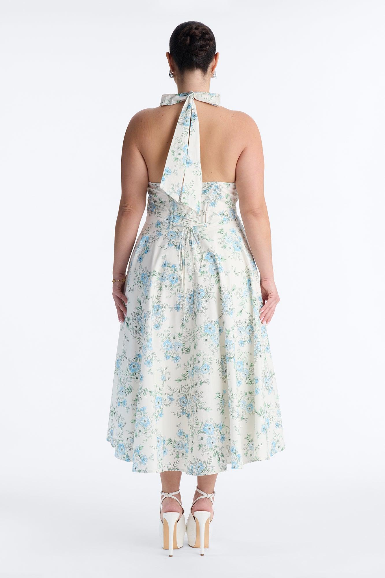 Adelaide Halter Floral Midi Dress - White/Blue Female Product Image