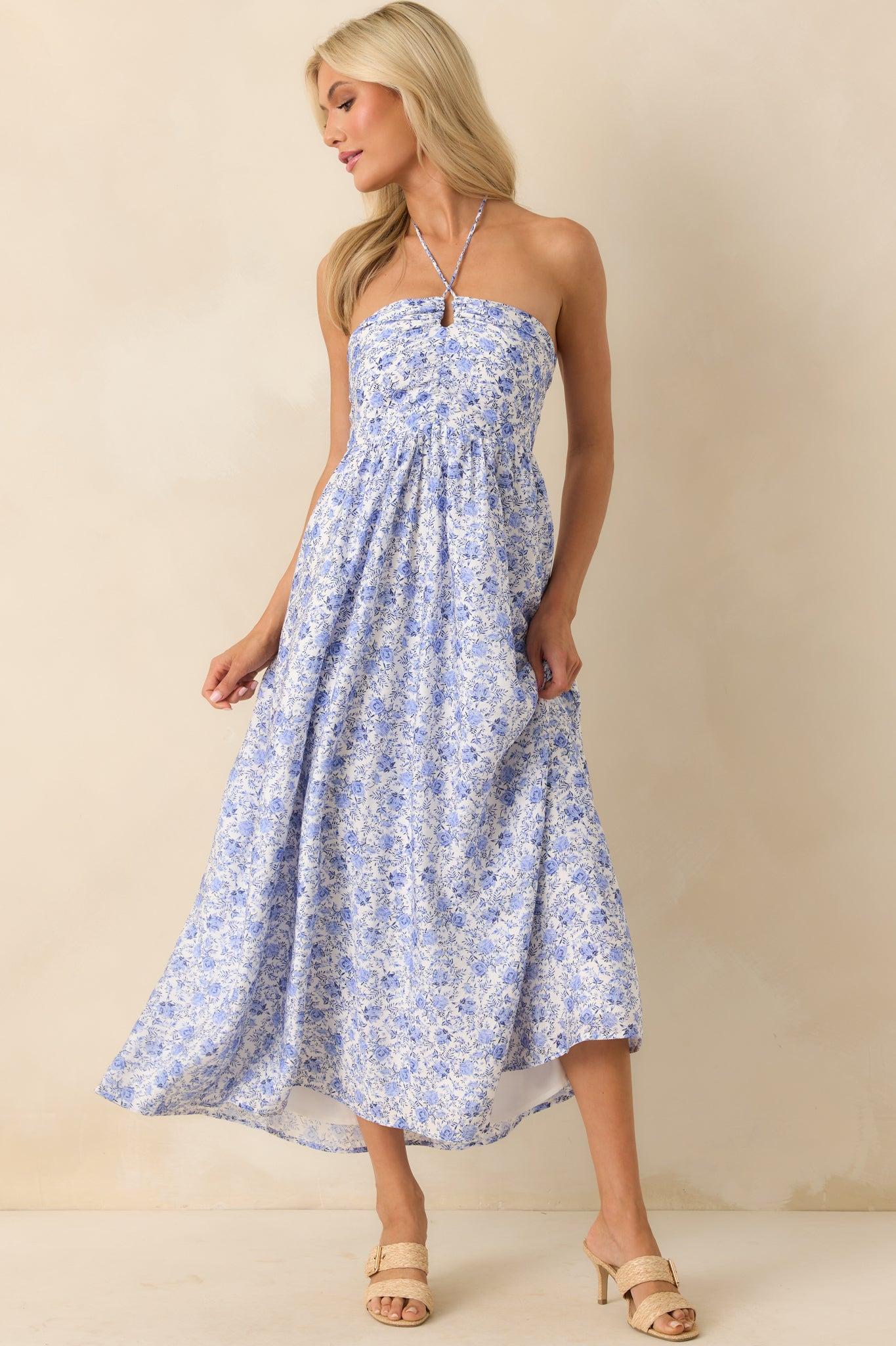 MINKPINK Blue Floral Print Evelyn Halter Midi Dress Product Image