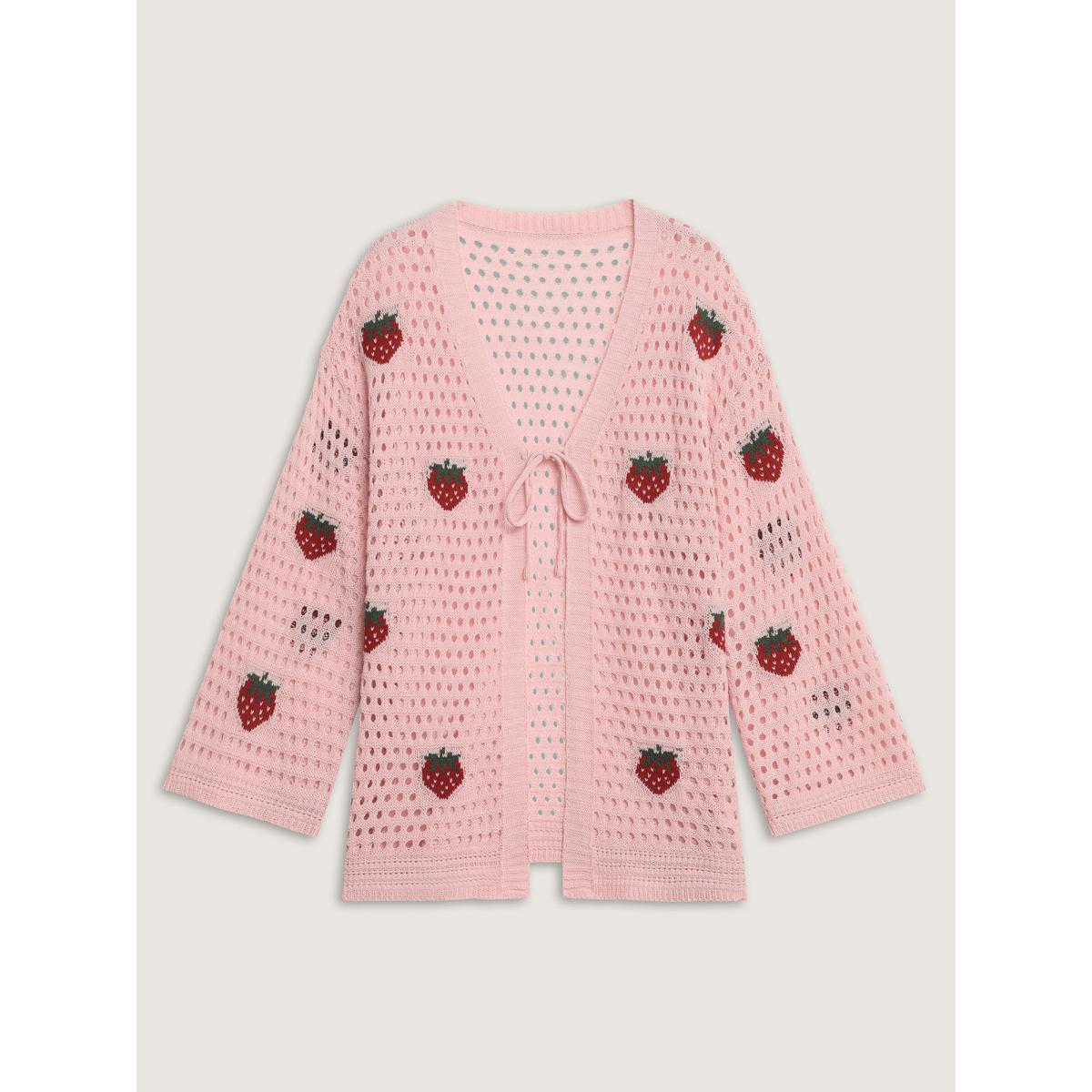 Plus Size Strawberry Jacquard Embroidery Tie Knit Cardigan Nudepink Women Playful Loose Long Sleeve Casual Cardigans BloomChic 30/6X Product Image