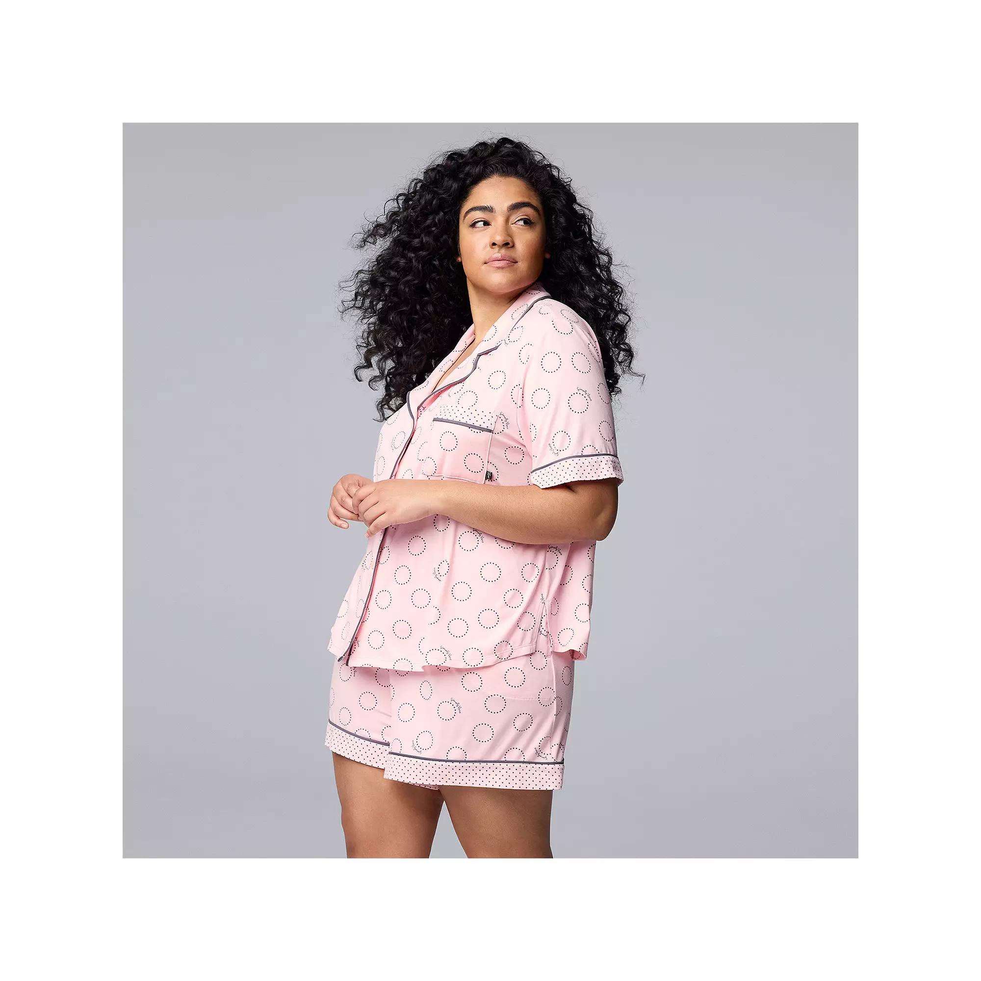 Plus Size Simply Vera Vera Wang Cozy Short Sleeve Notch Collar Pajama Top & Boxer Pajama Shorts Set, Women's, Size: 2XL, Blush Circles Product Image