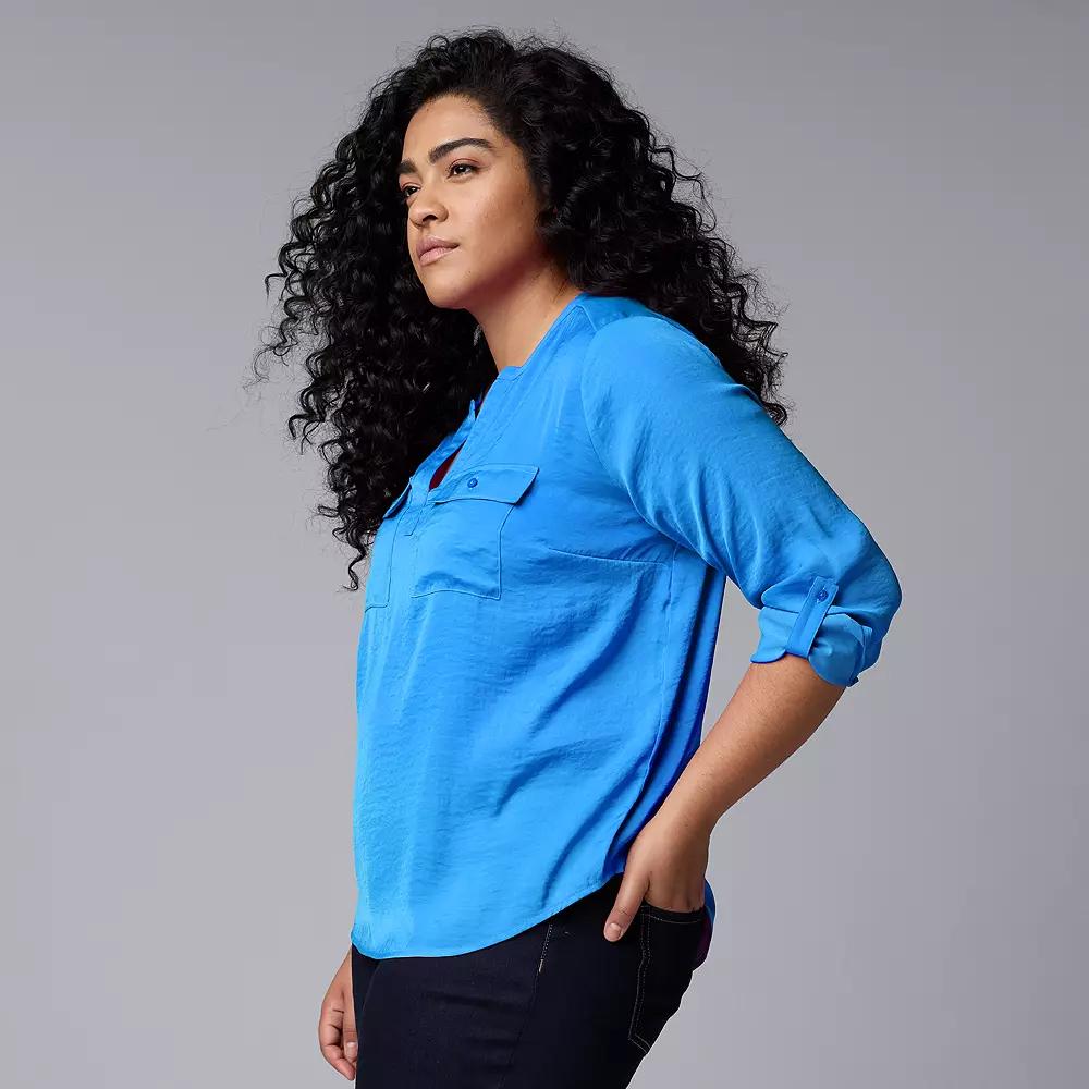 Plus Size Petite Simply Vera Vera Wang Roll-Tab Popover Blouse, Women's, Size: 2XL, Vera Cerulean Blue Product Image
