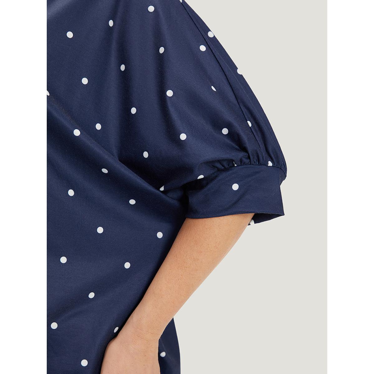 Plus Size Polka Dot V Neck Lantern Sleeve T-shirt Indigo Women Elegant Elastic cuffs Polka Dot V-neck Dailywear T-shirts BloomChic 12/L Product Image