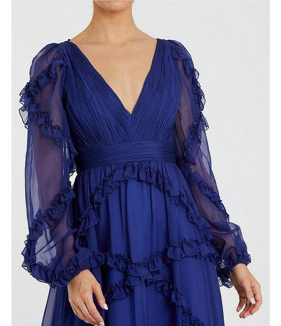 Mac Duggal V-Neck Long Puff Sleeve Ruffled Gown Product Image