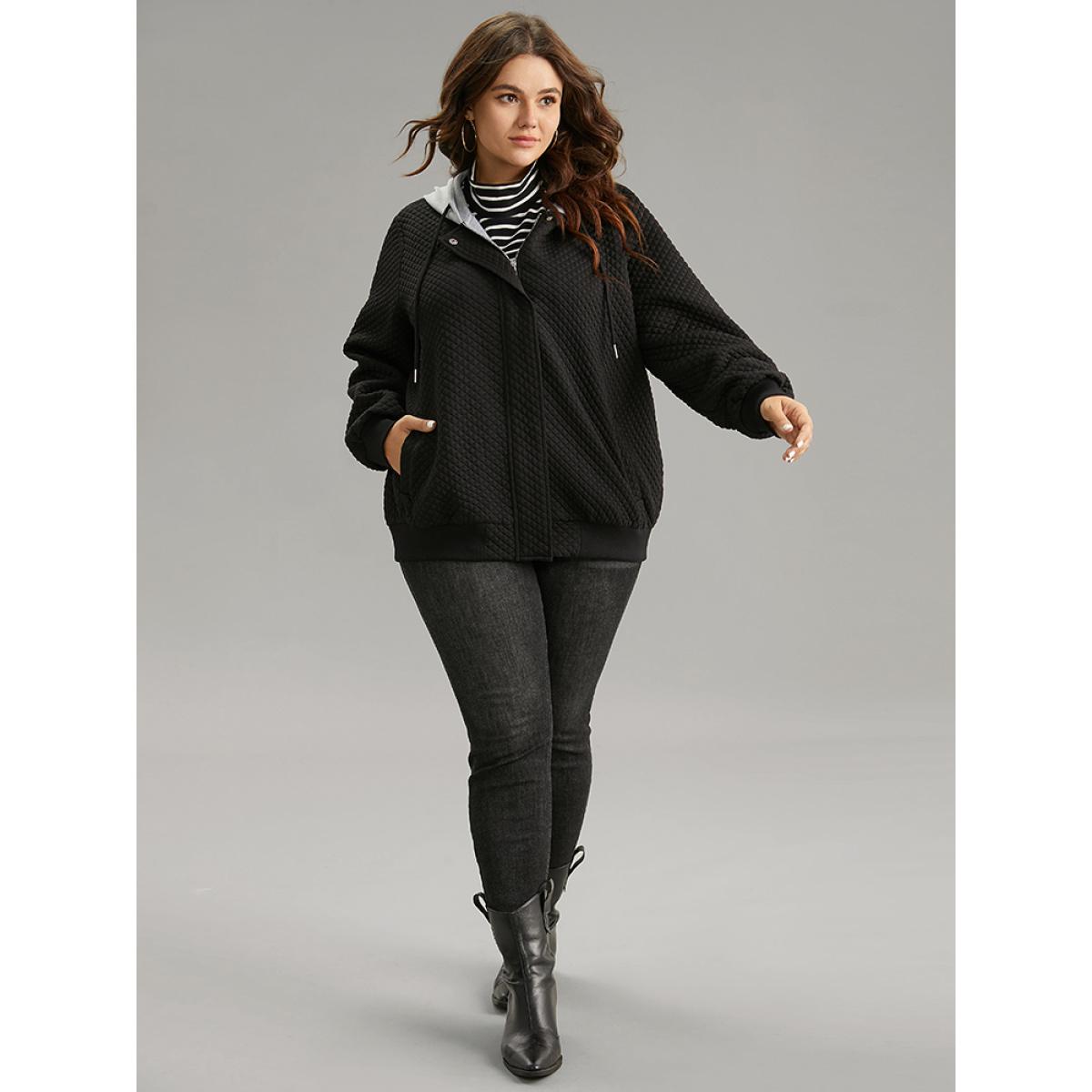 Plus Size Contrast Hooded Drawstring Pocket Zipper Fly Coat Women Black Rib Knit Pocket Dailywear Jackets BloomChic 22-24/3X Product Image