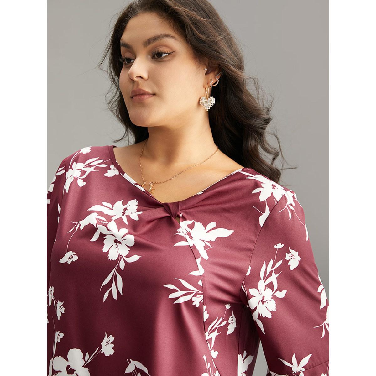 Plus Size Scarlet Silhouette Floral Print Ruffle Sleeve Twist Front Blouse Women Elegant Elbow-length sleeve Round Neck Party Blouses BloomChic 28/5X Product Image