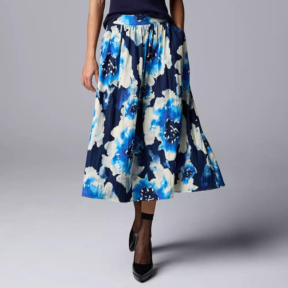 Women's Simply Vera Vera Wang Shirred Midi Skirt, Size: Medium, Navy Blue Floral Product Image