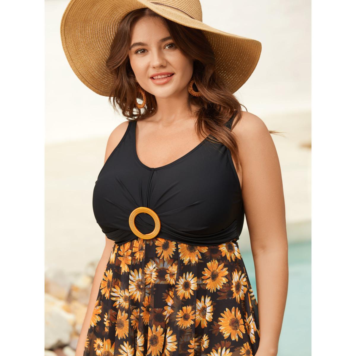 Plus Size Sunflower Pattern Mesh Contrast Swim Dress Women's Swimwear Black Beach Bodycon U-neck High stretch Curve Swim Dresses BloomChic 12/L Product Image