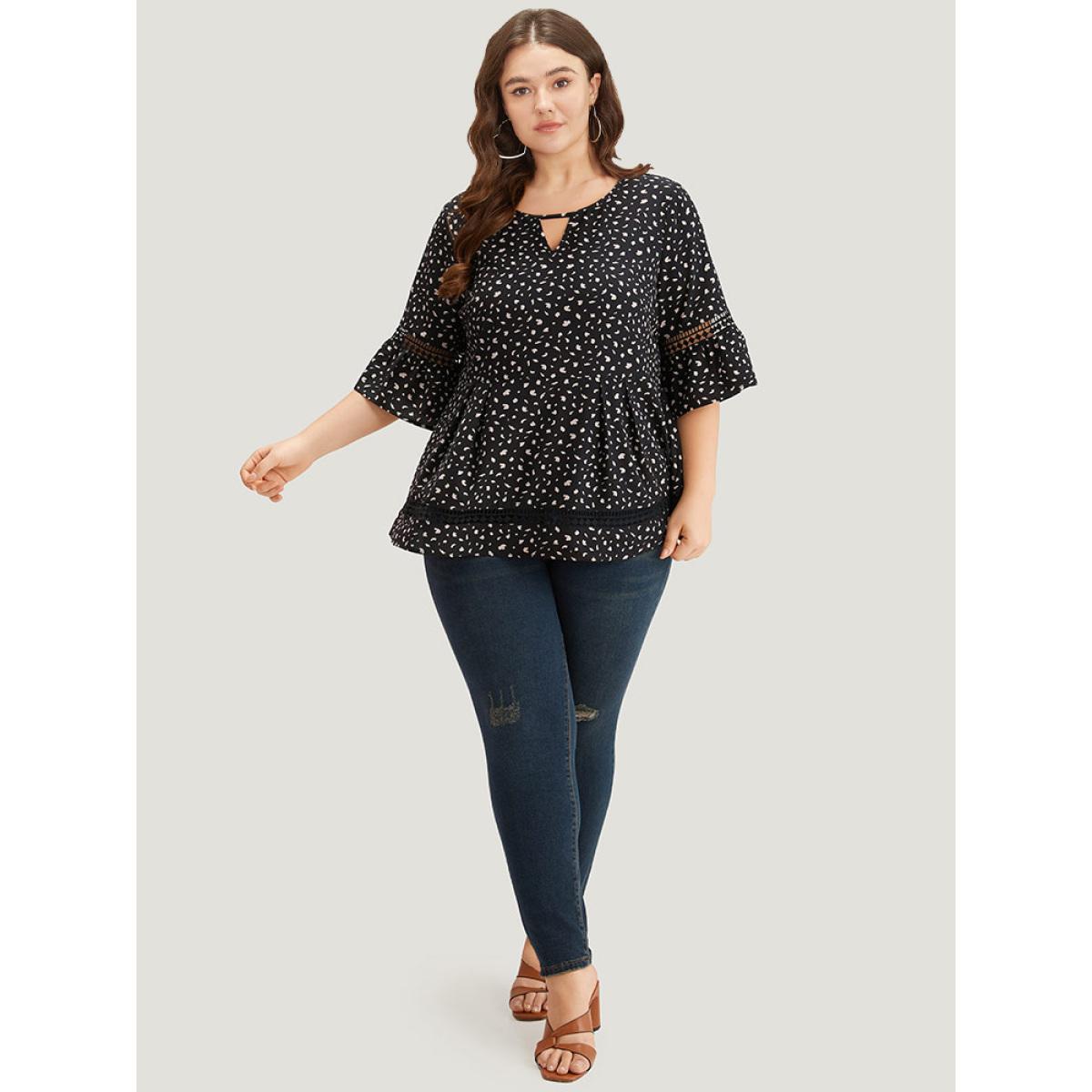 Plus Size Black Leopard Print Flutter Sleeve Keyhole Hollow Out Blouse Women Elegant Half Sleeve Keyhole Cut-Out Dailywear Blouses BloomChic 26/4X Product Image
