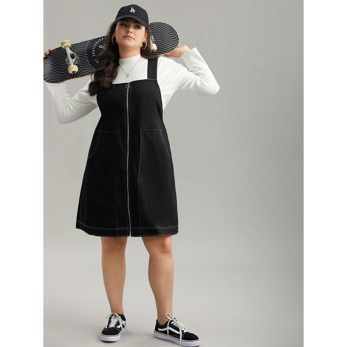 Plus Size Twill O Ring Zipper Pocket Spaghetti Strap Dress Black Women Casual Plain Spaghetti Strap Sleeveless Curvy Midi Dress BloomChic 10/M Product Image