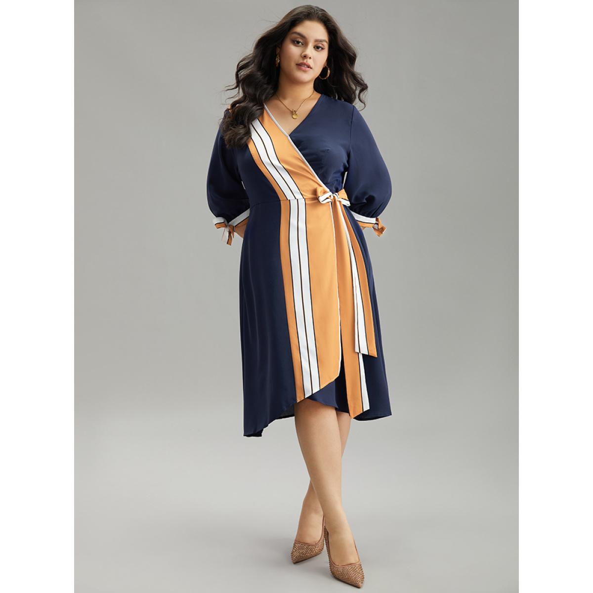 Plus Size Contrast Striped Patchwork Wrap Dress Midnight Women Elegant Wrap V-neck Elbow-length sleeve Curvy Midi Dress BloomChic 18-20/2X Product Image